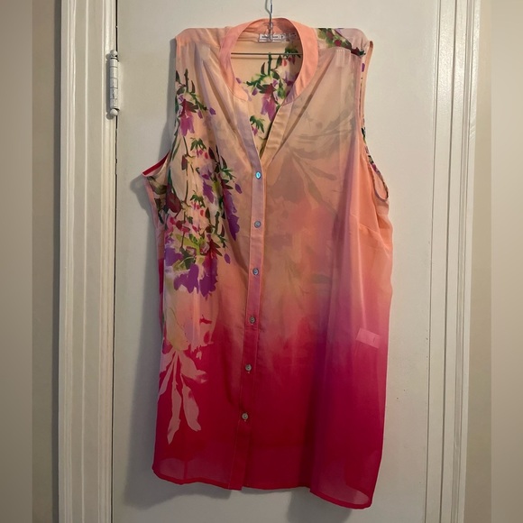 Susan Graver Floral Chiffon Sheer Sleeveless Button Front Top Size 22W - Picture 1 of 10